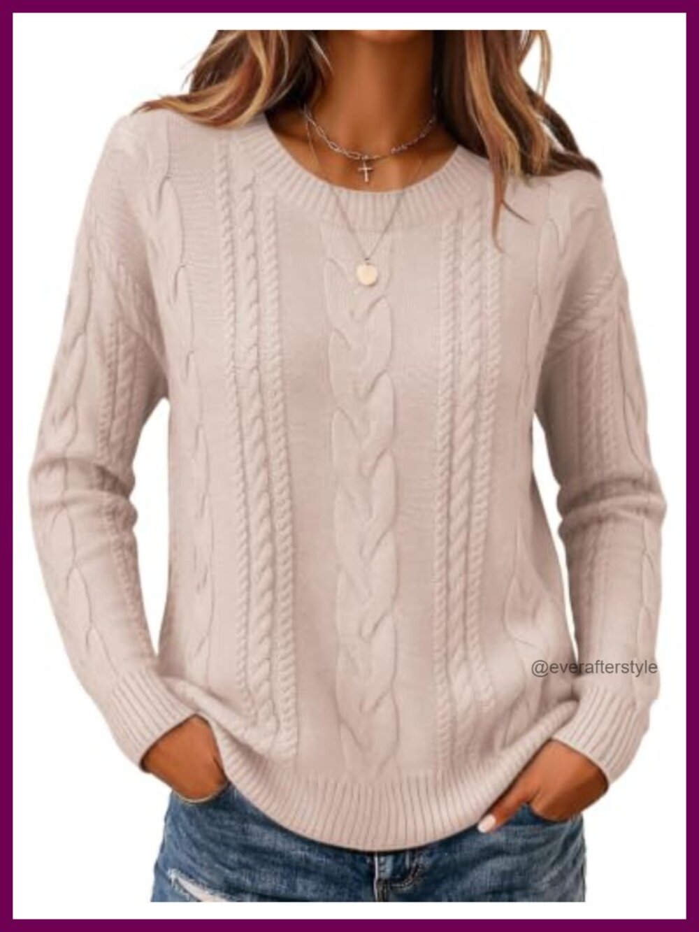 Cable Knit Pullover Sweater Loose Fit Crew Neck Fall Winter Women's